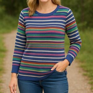 Talbots Linen Summer Sweater Multi Stripe Boat Neck Pullover Coastal Medium